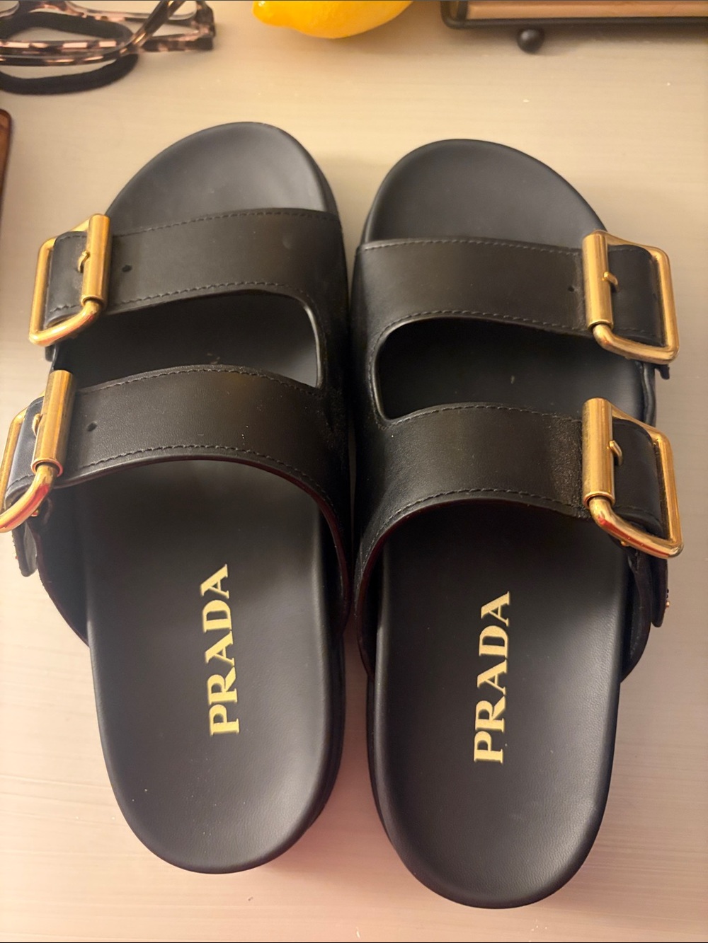 Prada Women’s Black Leather Logo Slide Sandals with Gold Hardware size 37 - Picture 5 of 6